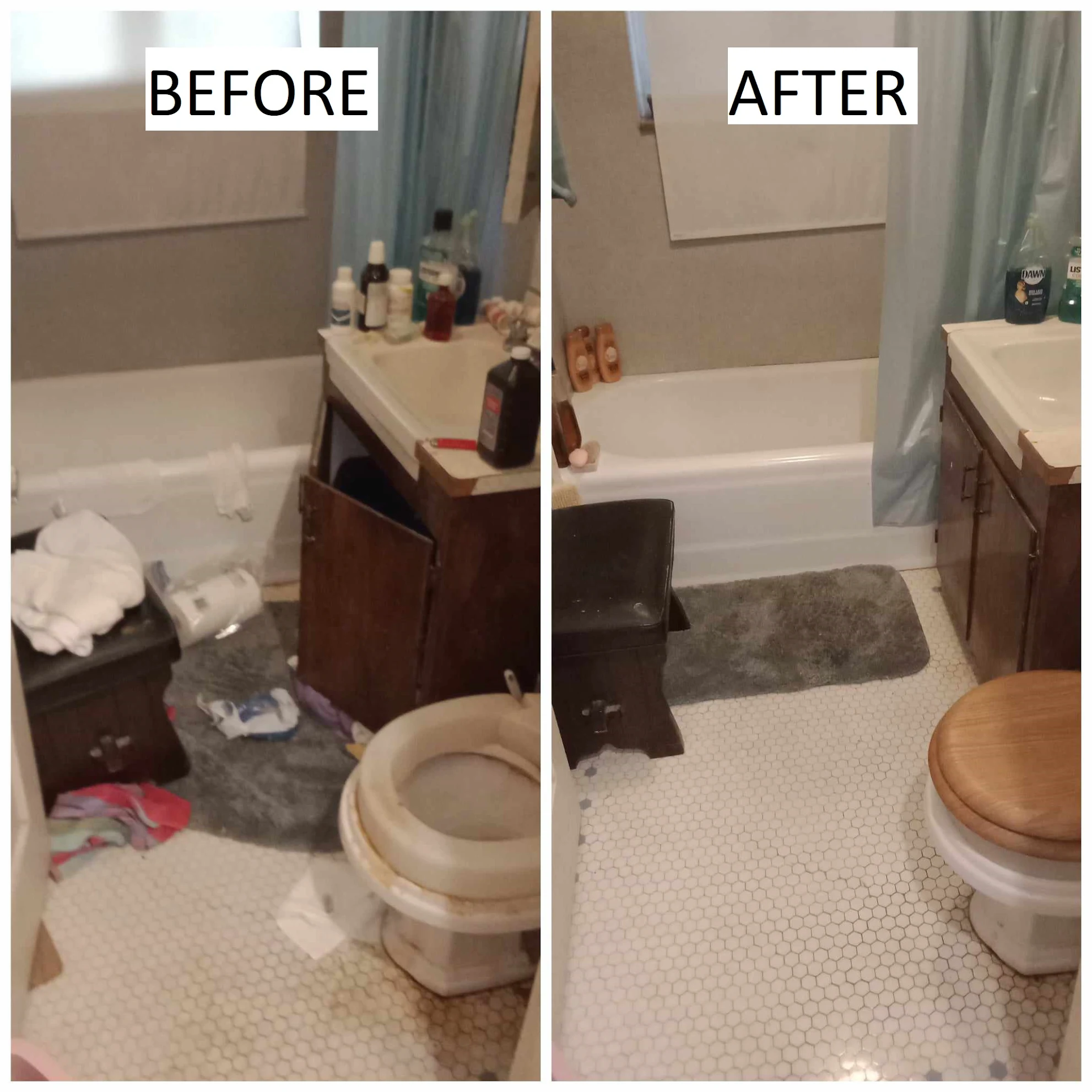 Before and after photo from a Monique's Cleaning Services LLC visit — bathroom cleaning