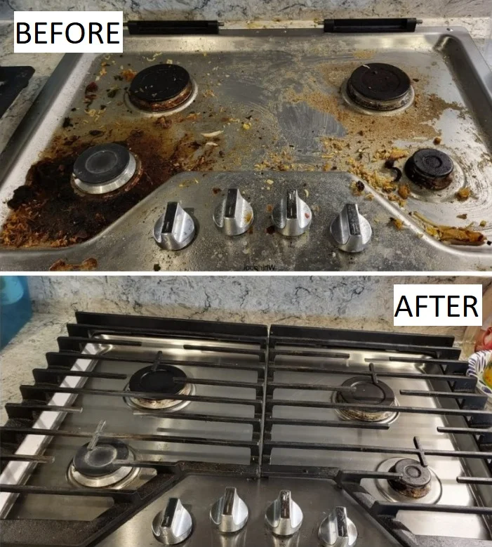 Before and after photo from a Monique's Cleaning Services LLC visit — stovetop cleaning